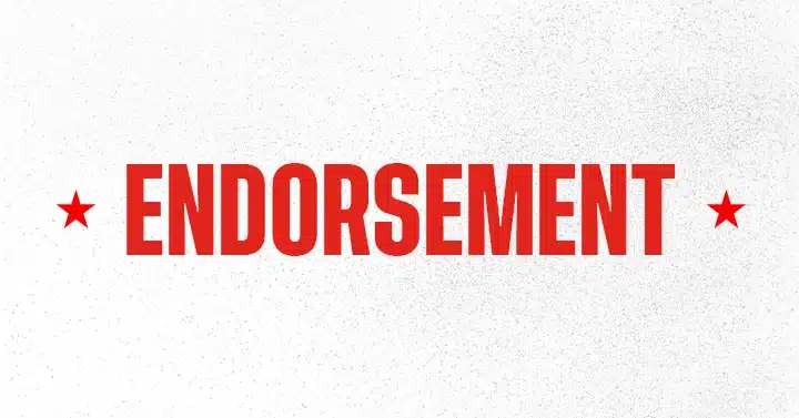 Post card for endorsements with red "Endorsement" and stars on a white background.